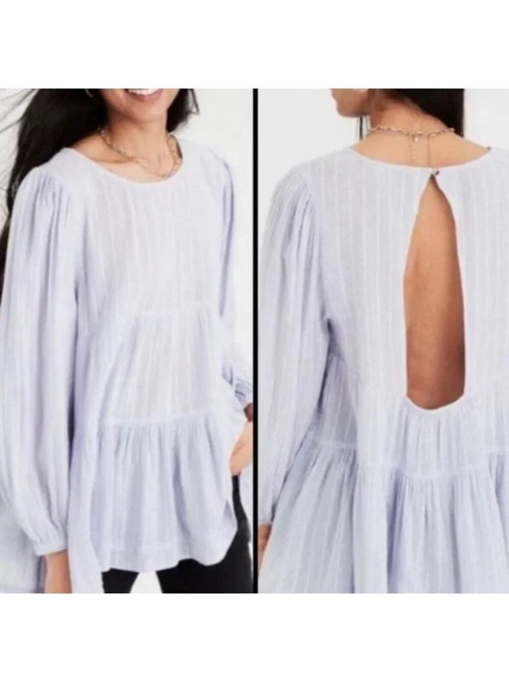 American Eagle Tiered Full Sleeve Boho Lavender Blouse. Keyhole Back Wm Sz L